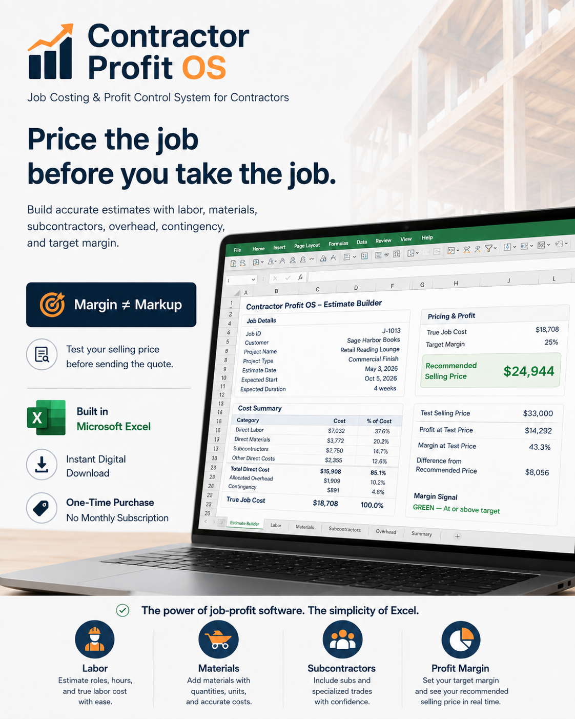 Contractor Profit OS Estimate Builder in Microsoft Excel